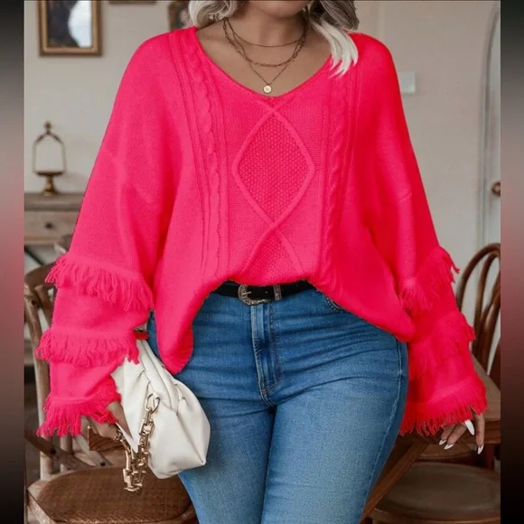 Plus size cozy fringe detail cable knit sweater top